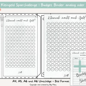May include: A printable budget binder sheet with a light blue background and a zipper. The sheet has a grid of circles with different amounts of money written in them. The text "Kleinvich macht auch Geld" is written at the top of the sheet. The sheet is labeled "Budget Sheet".
