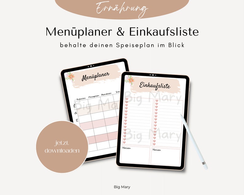May include: A digital tablet displaying a printable meal planner and grocery list template. The template features a pink and white color scheme with floral accents. The text "Men&uuml;planer & Einkaufsliste" is displayed at the top of the template.