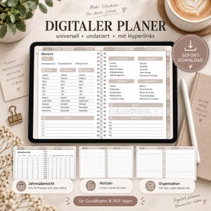 Könnte beinhalten: Ein digitaler Planer auf einem Tablet-Bildschirm mit einer Übersichtsseite, die Monatskalender, Projektlisten und Organisationskategorien enthält. Die Benutzeroberfläche zeigt Navigations-Tabs, eine Spiralbindung und deutschen Text.
