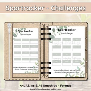 Può includere: Una pagina di pianificatore stampabile con un design floreale verde. La pagina è intitolata "Spartracker - Sparchallenges". La pagina ha una griglia di caselle per tenere traccia delle sfide di risparmio.