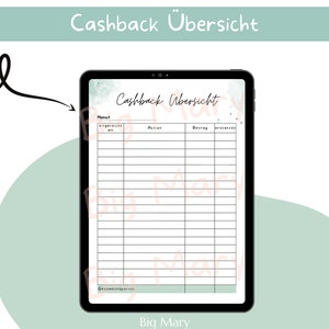Può includere: Un tablet nero mostra un modulo "Cashback Übersicht" su uno sfondo verde menta. Il modulo include campi per mese, azione e importo. Il testo "Big Mary" è visibile in basso.