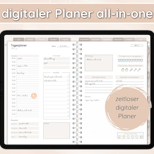 Könnte beinhalten: Eine digitale Planer-App auf dem Bildschirm eines Tablets. Die App verfügt über einen Tagesplaner, eine To-Do-Liste und Bereiche zum Verfolgen der Wasseraufnahme, der Obst- und Gemüseportionen sowie einen Stimmungs-Tracker. Der Text auf dem Bildschirm lautet "digitaler Planer all-in-one" und "zeitloser digitaler Planer".