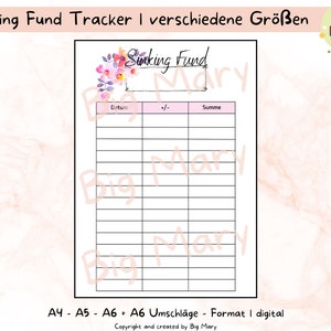Könnte beinhalten: Druckbarer Sinking Fund Tracker mit floralem Design. Der Tracker hat Spalten für Datum, Plus oder Minus und Summe. Der Text "Sinking Fund" ist oben auf der Seite in Kursivschrift geschrieben.