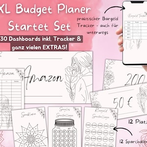 Budget Planner XXL Starter Set, 130 portadas + hoja de presupuesto, desafíos de ahorro, inserciones de marcador de posición A6, método de sobre, relleno de efectivo