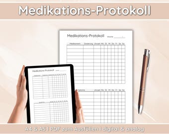 Medikamenten Protokoll Wochenübersicht | A4 + A5 PDF Vorlage | Medikamentenplan mit Dosierung, Uhrzeit & Abhak-Funktion