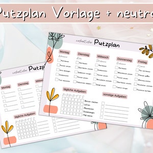 Può includere: Un modello di programma di pulizia stampabile con un design floreale rosa, pesca e verde. Il modello include un programma di pulizia settimanale con compiti quotidiani, una sezione per i compiti quotidiani e una sezione per altri compiti. Il testo sul modello è in tedesco.