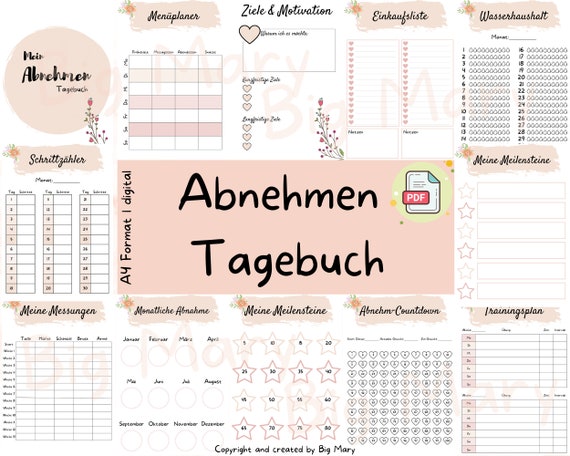 Abnehmtagebuch, Diät Tagebuch, Ernährungstagebuch, Abnehmplaner, Fitnessplaner, Abnehm Tracker, Big Mary
