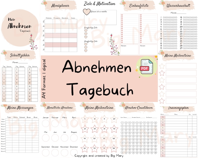 May include: A printable weight loss journal with sections for meal planning, tracking water intake, exercise, and setting goals. The journal has a pink and white color scheme with floral accents and the text "Abnehmen Tagebuch" (German for "Lose Weight Diary").