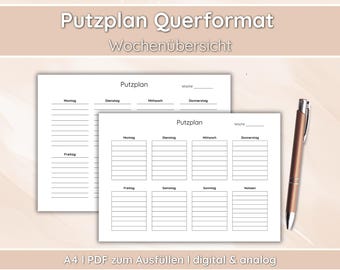 Cleaning schedule A4 landscape format | Weekly overview Monday–Sunday & notes | Digital chore planner for housework | PDF download