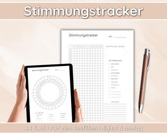 Mood tracker PDF | Annual & monthly overview | A4 template for printing | Track and reflect emotions