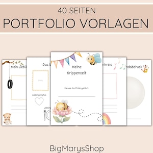 May include: A stack of portfolio templates with the text "40 SEITEN PORTFOLIO VORLAGEN" at the top. The templates feature illustrations of a swing, a teddy bear, a photo frame, a bee, a rainbow, and musical notes. The shop name "BigMarysShop" is at the bottom.
