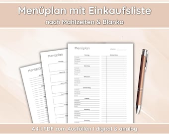 May include: A printable meal planner and grocery list template in black and white. The template is designed for a week and includes sections for each day of the week, with spaces for meals and grocery items. The text on the template reads "Menüplan mit Einkaufsliste nach Mahlzeiten & Blanko" and "A4 I PDF zum Ausfüllen I digital & analog".