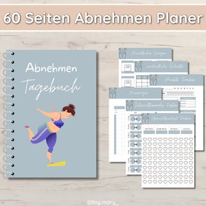 Puede incluir: Una libreta de espiral azul y blanca con el texto "Abnehmen Tagebuch" y una ilustración de una mujer haciendo ejercicio. La libreta incluye páginas para llevar un registro del peso, los pasos, los puntos, el ayuno intermitente y el progreso del entrenamiento.