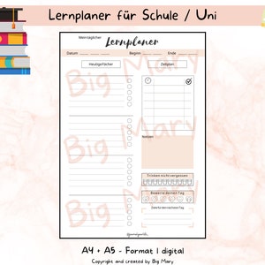 Könnte beinhalten: Ein druckbarer Tagesplaner zum Lernen im Format A4 oder A5. Der Planer hat Bereiche für Datum, Fach, Zeit und Notizen. Er enthält auch einen Bereich zur Verfolgung der täglichen Ziele und eine Erinnerung, Wasser zu trinken.