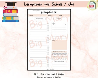 May include: A printable daily study planner in A4 or A5 format. The planner has sections for the date, subject, time, and notes. It also includes a section for tracking daily goals and a reminder to drink water.