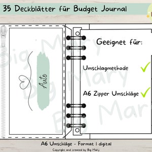Puede incluir: Una ilustración en blanco y negro de una cubierta de diario de presupuesto con cierre de cremallera. La cubierta tiene una lavada de acuarela verde con la palabra "Auto" escrita en negro. El texto "35 Deckblätter für Budget Journal" está en la parte superior de la imagen. El texto "Geeignet für: Umschlagmethode A6 Zipper Umschläge" está en el lado derecho de la imagen. El texto "A6 Umschläge Format I digital Copyright and created by Big Mary" está en la parte inferior de la imagen.