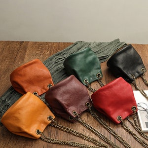 Mini Leather Bag, Vintage Leather Shoulder Bag, Small Crossbody Bag, Solid Color Bag, Gift for her, Bag for travel, Chain pack