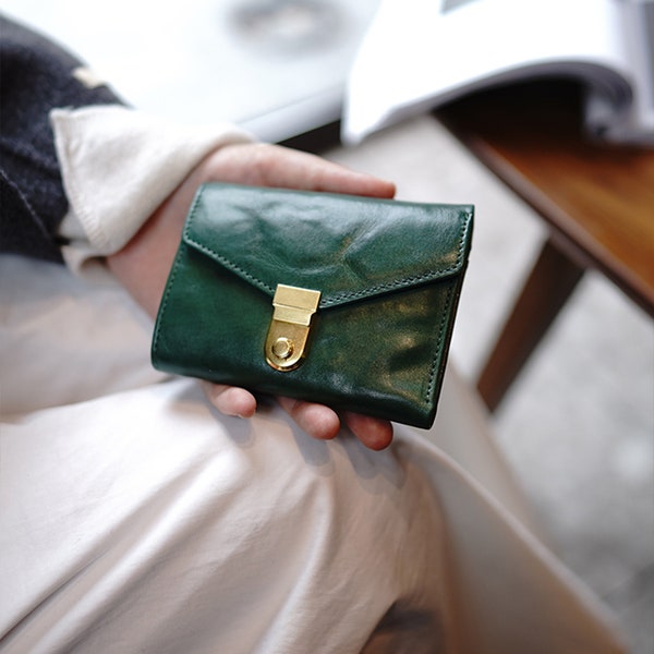 Genuine leather brown women wallet purse/women coin wallet card slot/Wmerald green card case/Women leather coin purse vintage/Gift for women