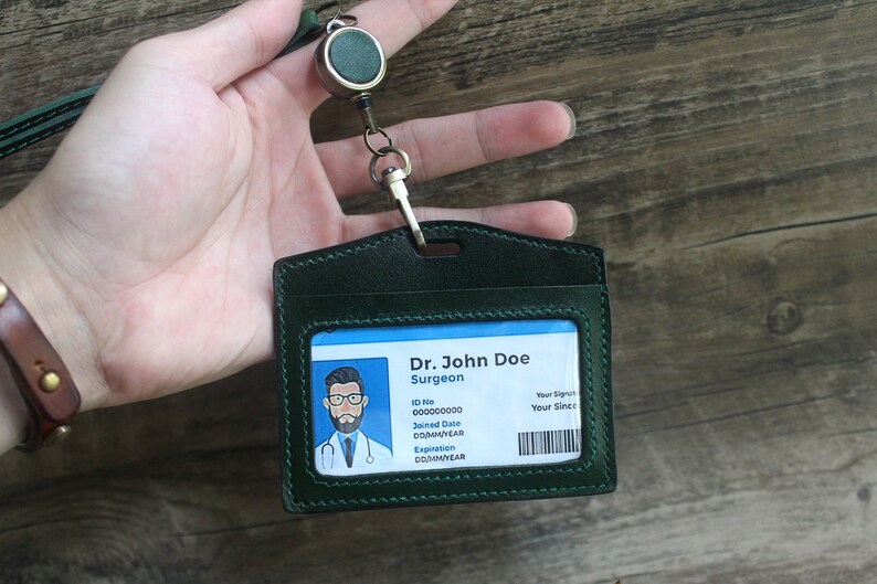 Personalized ID Badge Holder With Lanyard Badge Green Leather Etsy