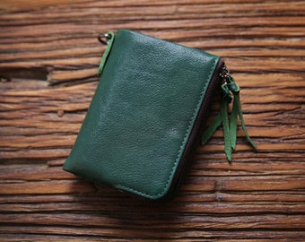 Small womens zipper wallet/Coin credit card pouches Women coin wallet card slot/genuine leather green wallet leather coin purse vintage