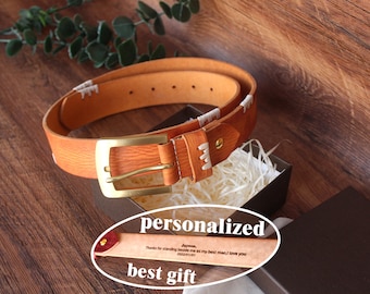 Top real Leather Belt for men/Full Solid copper Buckle/Handmade Belt/Vintage men's belt personalized/light brown belt/belt engraved inside