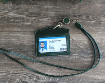 Personalized ID Badge Holder with Retractable Lanyard,Badge Green leather badge holder pattern,Work Accessories sleeve Bus card package