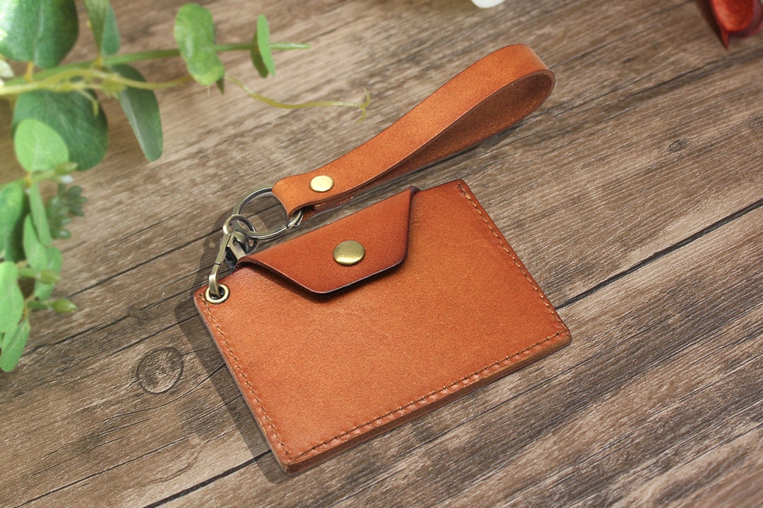 ID Keychain Card Holderbrown Leather ID Holderpocket Key Etsy