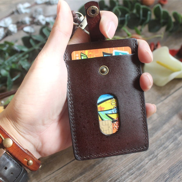 Leather Personalized ID card holder,Coffee ID holder work accessorie sleeve,ID badge holder with Retractable Lanyard,Leather Badge Id holder