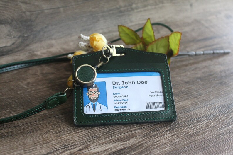 Personalized ID Badge Holder With Lanyard Badge Green Leather Etsy