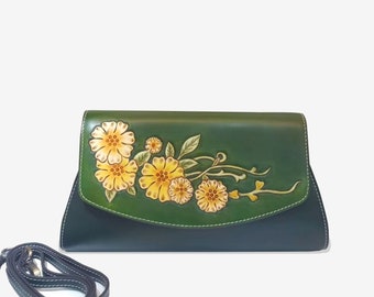 Bolso de talla de cuero, Bolso de noche verde, Bolso cruzado hecho a mano para mujer, Bolso floral a cuadros, Bolso de diseño original pintado a mano 2023, Regalo para ella