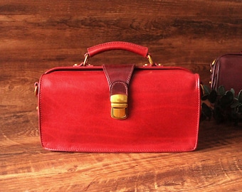 Gladstone Bag for women/Red colour Shoulder Medical Bag/Doctor Handbag for miss/Purse Gifts For her/Square bag/Vintage small travel bag lady