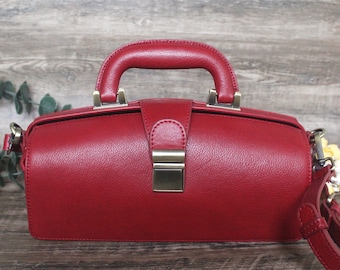 Red leather bag Woman/Red Gladstone Bag/Medical Bag and purse/Long Gladstone handbag for women/Messenger bag Doctor handbag/Gift for her