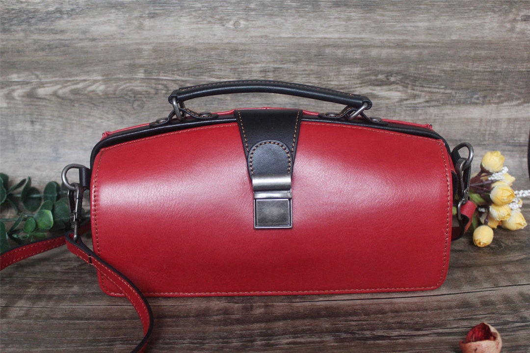 Red Leather Doctors Bag Satchel Vintage Bag for Women Shoulder Bags