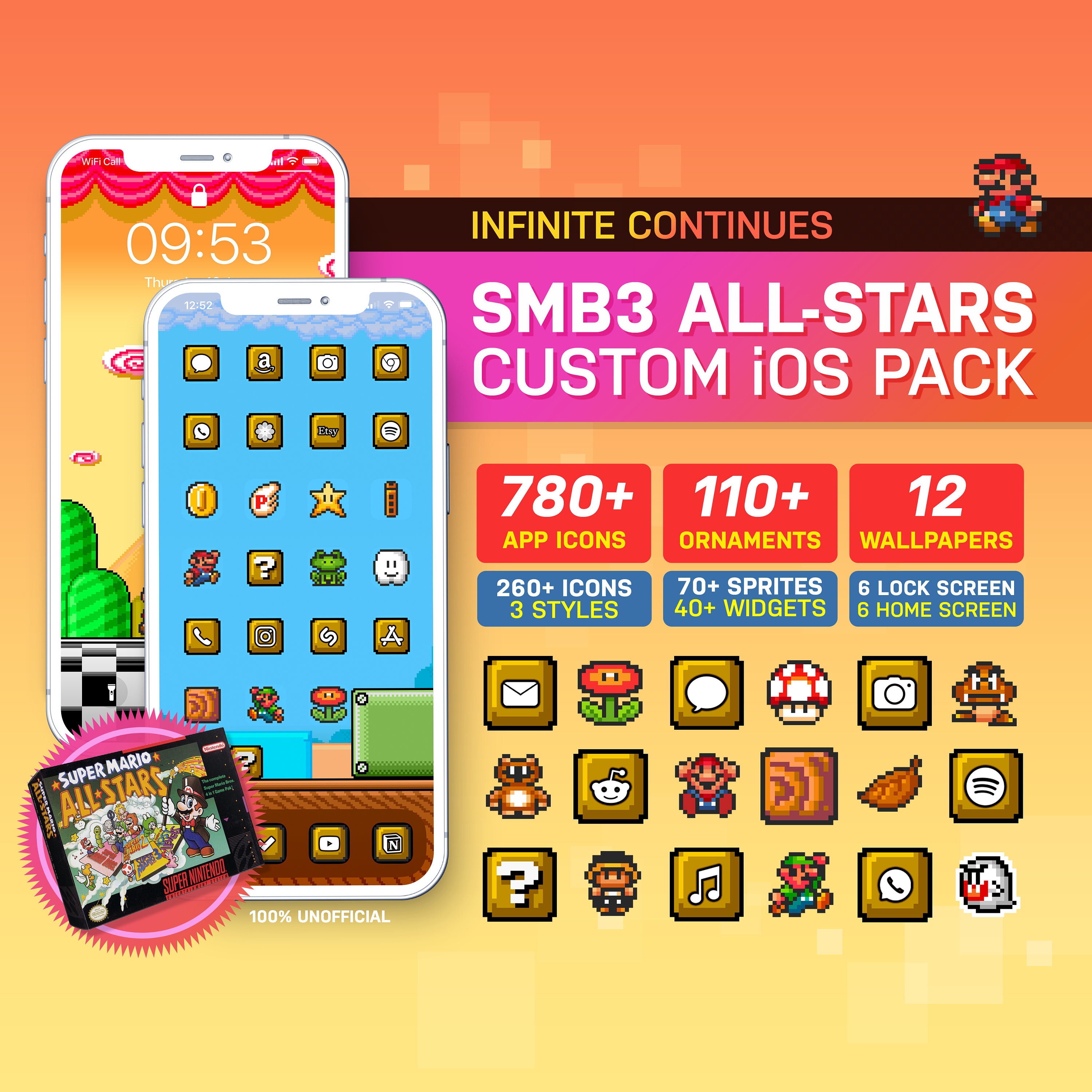 Super Mario Bros. 3 - All-stars Edition - Custom Ios Theme Pack I Retro  Game Theme | Custom App Icons Wallpaper | Ios14+ - Etsy New Zealand, image size:3000x3000