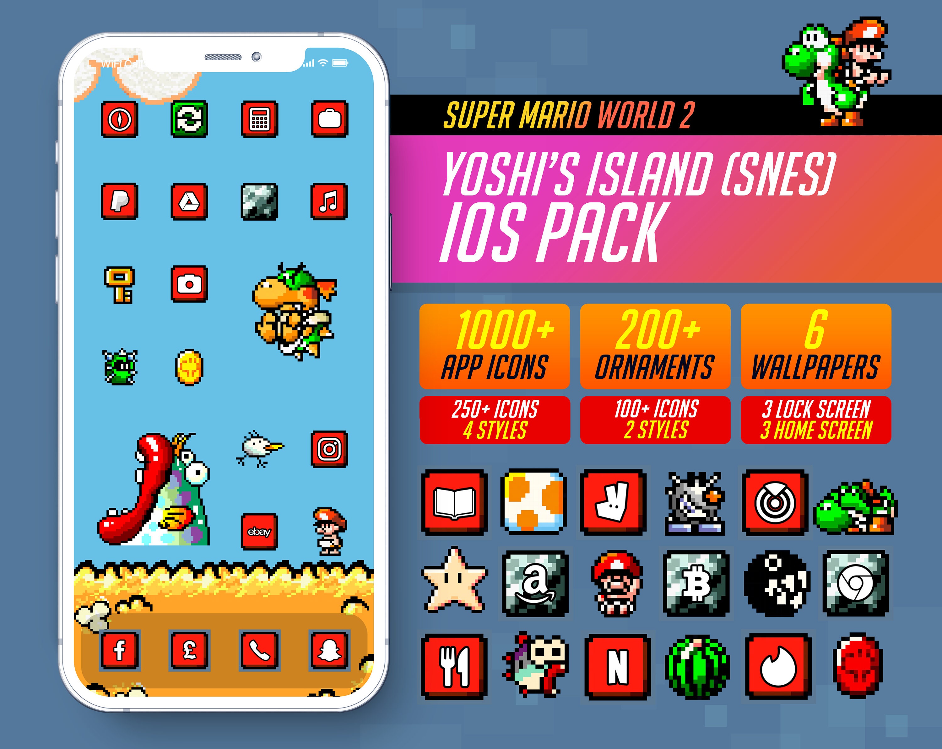 Super Mario World 2: Yoshi's Island Custom iOS Theme Pack - Etsy España Super Mario World 2: Yoshi's Island Custom iOS Theme Pack - Etsy España