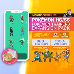 以下が含まれることがあります： ポケモンのキャラクターが様々なデザインで描かれた、携帯電話の画面のデジタルイラスト。画面には「INFINITE CONTINUES POKÉMON HG/SS POKÉMON TRAINERS EXPANSION PACK COMPATIBLE WITH BOTH: IPHONE ANDROID 900+ SMALL WIDGETS 180+ UNIQUE WIDGETS 5 STYLES 1620+ LARGE WIDGETS 180+ UNIQUE WIDGETS 9 BASES 100% UNOFFICIAL」というテキストが表示されています。