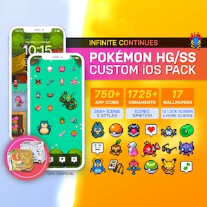 Pode incluir: Uma ilustração digital de um pacote iOS personalizado para Pokémon HG/SS. O pacote inclui mais de 750 ícones de aplicativos, mais de 1725 ornamentos e 17 papéis de parede. A imagem mostra uma variedade de ícones e sprites pixelados dos jogos Pokémon, incluindo Pikachu, Bulbasaur, Charmander, Squirtle e muito mais.