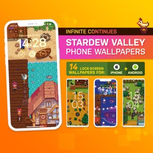 Puede incluir: Una colección de 14 fondos de pantalla de Stardew Valley para iPhone y Android. Los fondos de pantalla presentan diferentes escenas del juego, incluyendo la playa, la granja y la ciudad. El texto "INFINITE CONTINUES" se muestra en la parte superior de la imagen.