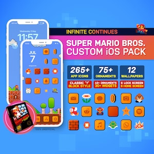 スーパーマリオブラザーズ カスタム iOS テーマパック I レトロゲームテーマ | カスタムアプリアイコン壁紙 | iOS14+