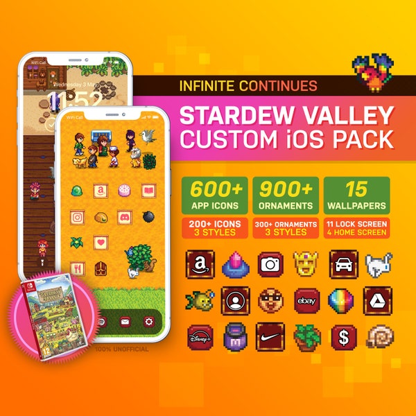 Stardew Valley aangepast iOS-themapakket | Klassiek spelthema | Aangepaste app-pictogrammen en achtergronden | iOS14 | iOS16