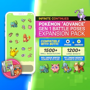以下が含まれることがあります： 緑と黄色の電話画面に、ピクセル化されたポケモンのキャラクターのコレクションが表示されています。画面は白い枠と黒い枠で囲まれています。電話は青と緑の背景の上にあります。画像の上部には「INFINITE CONTINUES」というテキストがあります。電話の下には「POKÉMON 'ADVANCE' GEN 1 BATTLE POSES EXPANSION PACK」というテキストがあります。テキストの下には「COMPATIBLE WITH BOTH: IPHONE + ANDROID」というテキストがあります。テキストの左側の緑色のボックスには「1500+ SMALL WIDGETS/ICONS」というテキストがあり、テキストの右側の緑色のボックスには「1200+ LARGE WIDGETS」というテキストがあります。左側の緑色のボックスの下には「300+ UNIQUE SPRITES ACROSS 10 STYLES」というテキストがあります。右側の緑色のボックスの下には「151+ UNIQUE WIDGETS ACROSS 8 STYLES」というテキストがあります。画像の下部には「100% UNOFFICIAL」というテキストがあります。