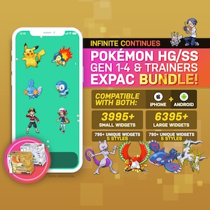May include: A phone screen displaying a digital widget pack for Pokemon HG/SS. The pack includes 795+ unique widgets in 5 styles for both iPhone and Android. The widgets feature Pokemon characters from generations 1-4 and trainers. The text "INFINITE CONTINUES" and "EXPAC BUNDLE!" is displayed on the screen.