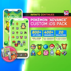 May include: A digital illustration of a custom iOS pack for iPhones featuring the Pokémon 'Advance' theme. The pack includes 800+ app icons, 400+ ornaments, and 20 wallpapers. The image shows a preview of the app icons, ornaments, and wallpapers. The image also includes the text "INFINITE CONTINUES" and "POKÉMON 'ADVANCE' CUSTOM IOS PACK".