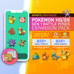 Puede incluir: Una ilustración digital colorida de una pantalla de teléfono que muestra varios personajes de Pokémon en estilo pixel art. El texto "POKÉMON HG/SS GEN 1 BATTLE POSES EXPANSION PACK" se muestra en una pancarta amarilla en la parte superior de la imagen. El texto "COMPATIBLE WITH BOTH: IPHONE ANDROID" se muestra en una pancarta blanca debajo de la pancarta amarilla. El texto "820+ SMALL WIDGETS 160+ UNIQUE WIDGETS 5 STYLES" se muestra en una pancarta blanca debajo del texto "COMPATIBLE WITH BOTH: IPHONE ANDROID". El texto "825+ LARGE WIDGETS 165+ UNIQUE WIDGETS 5 STYLES" se muestra en una pancarta blanca a la derecha del texto "820+ SMALL WIDGETS 160+ UNIQUE WIDGETS 5 STYLES".