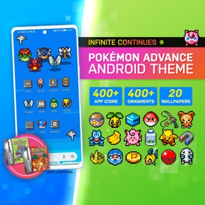 Puede incluir: Una captura de pantalla de un teléfono que muestra un tema de Android de Pokemon Advance. El tema incluye más de 400 iconos de aplicaciones, 400 adornos y 20 fondos de pantalla. La pantalla del teléfono muestra un fondo azul con una variedad de personajes de Pokemon. El texto "INFINITE CONTINUES" y "POKÉMON ADVANCE ANDROID THEME" se muestra en la parte superior de la pantalla. El texto "100% UNOFFICIAL" se muestra en la parte inferior de la pantalla.