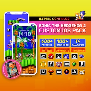 May include: A digital illustration of a mobile phone screen displaying a custom iOS pack for Sonic the Hedgehog 2. The phone screen shows a blue hedgehog character running on a green and blue background. The illustration includes a variety of icons, ornaments, and wallpapers. The text "INFINITE CONTINUES" and "SONIC THE HEDGEHOG 2 CUSTOM IOS PACK" is displayed at the top of the image. The text "400+ APP ICONS", "100+ ORNAMENTS", and "14 WALLPAPERS" is displayed below the phone screen.