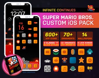 Super Mario Bros. Custom iOS Theme Pack | Dark Edition | Retro Game Theme | Custom App Icons & Wallpapers | iOS14+
