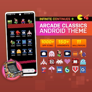 Puede incluir: Un teléfono inteligente que muestra un tema personalizado de Android con más de 1000 iconos de aplicaciones, más de 150 adornos y 11 fondos de pantalla. El tema está inspirado en los juegos de arcade clásicos y presenta gráficos pixelados. El texto "INFINITE CONTINUES ARCADE CLASSICS ANDROID THEME" se muestra en la parte superior de la imagen.