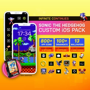 May include: A mockup of an iPhone screen displaying a custom iOS theme based on the Sonic the Hedgehog video game. The theme includes 800+ app icons, 100+ ornaments, and 13 wallpapers. The theme is 100% unofficial.