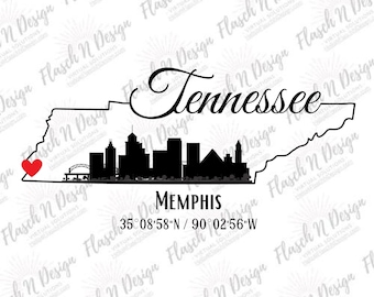 Memphis, Tennessee Coordinates, Desk & Wall Art, City Skyline Heart Love, PDF SVG PNG jpg Instant Digital Download Printable, Geographics